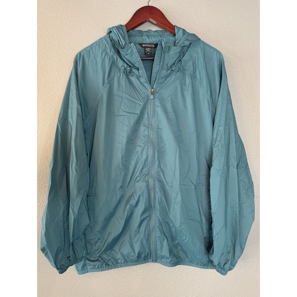 Athleta Superset Windbreaker Jacket Womens M Lightweight Teal Hooded Full Zip